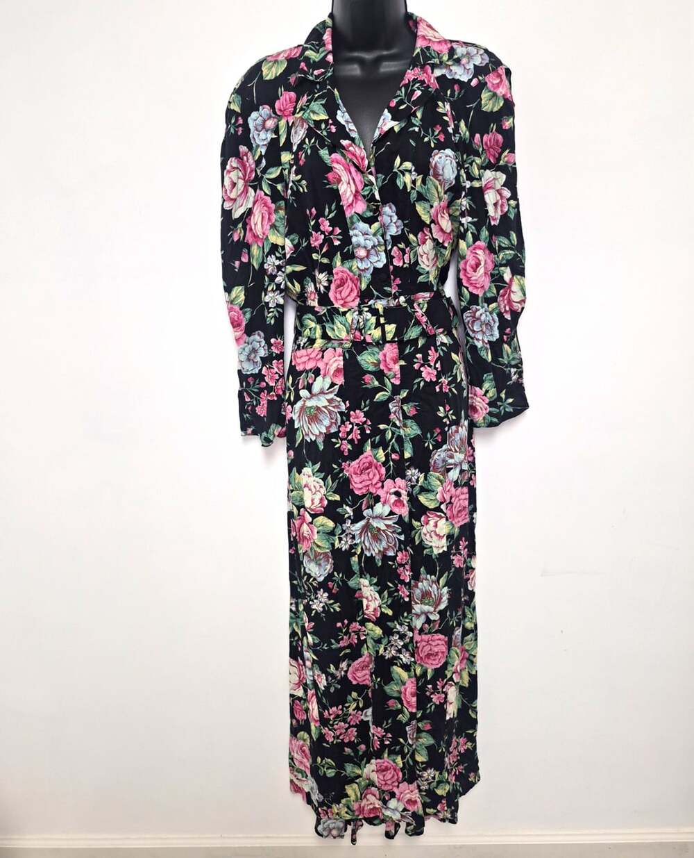 Vintage Karen Alexander Black Floral Collared Long Sleeve Belted Maxi Dress Sz 8